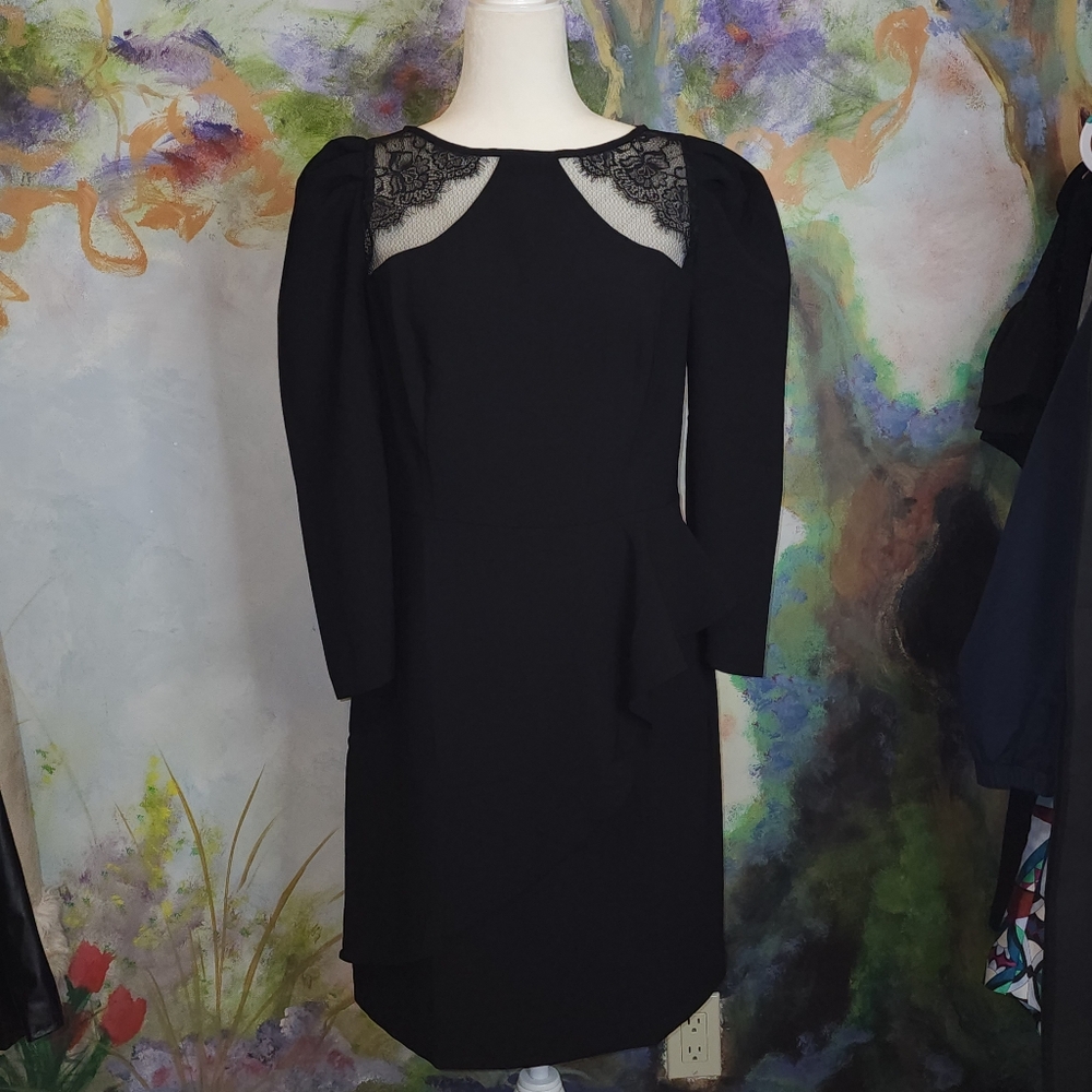 NWT Black Lace Asymmetrical Ruffle Skirt Dress Puffed Shoulder Cap Long Sleeve